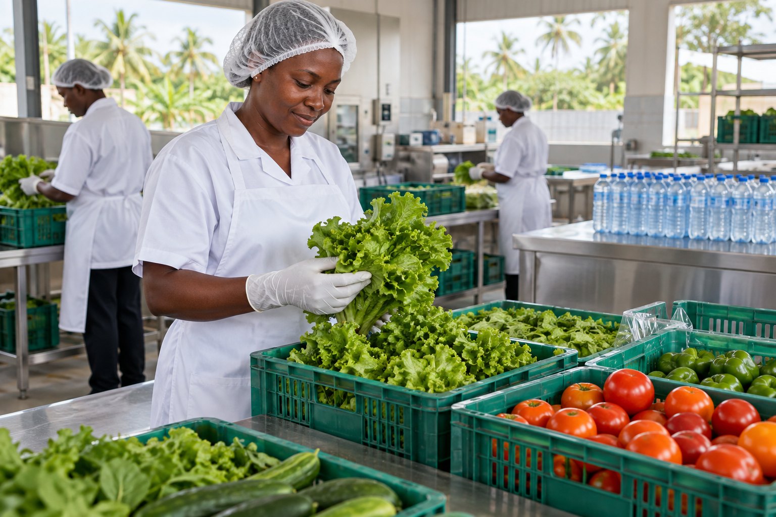 Food handling worker inspecting fresh vegetables in a clean packing space