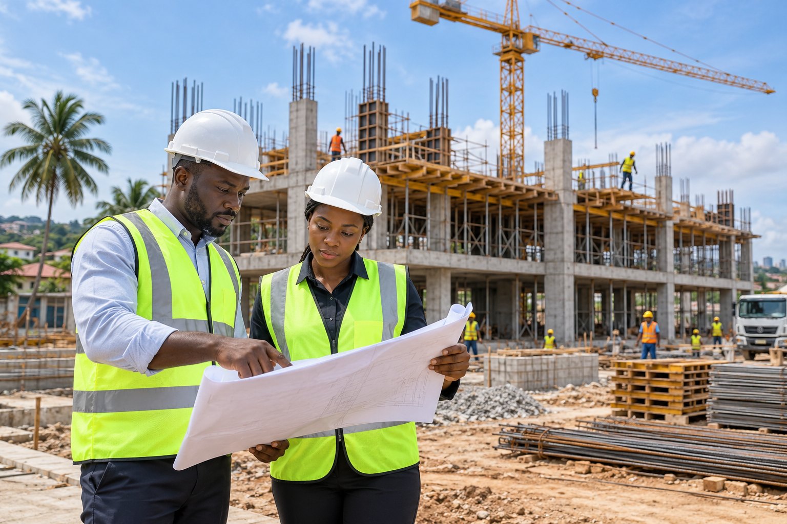 Engineers in protective equipment reviewing plans at a building site