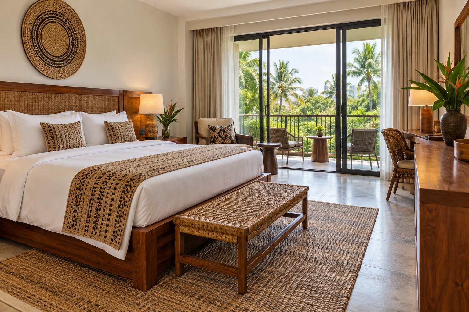 Welcoming hotel guest room with white bedding and warm natural finishes