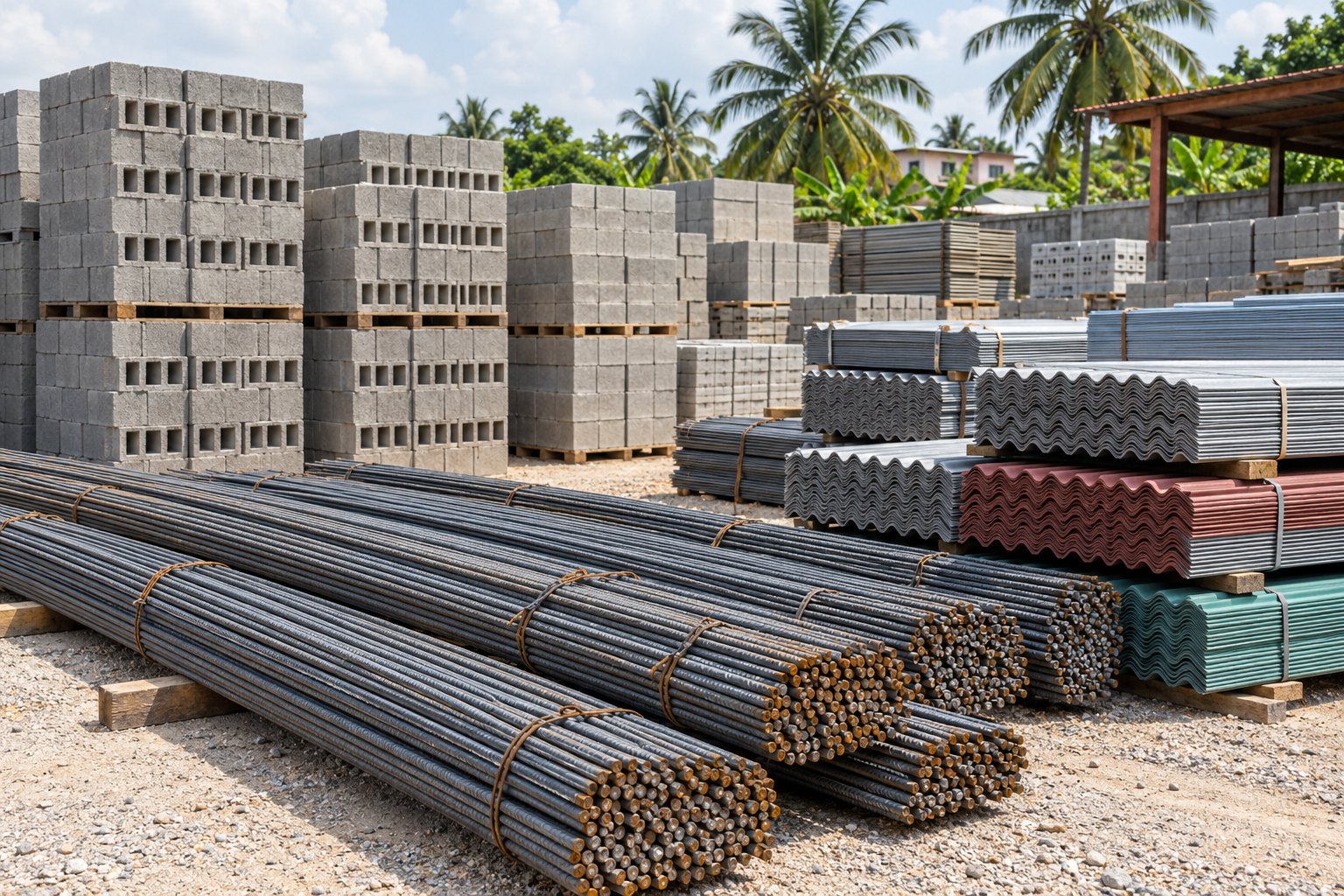 Organized supply yard with concrete blocks, steel rods and roofing sheets