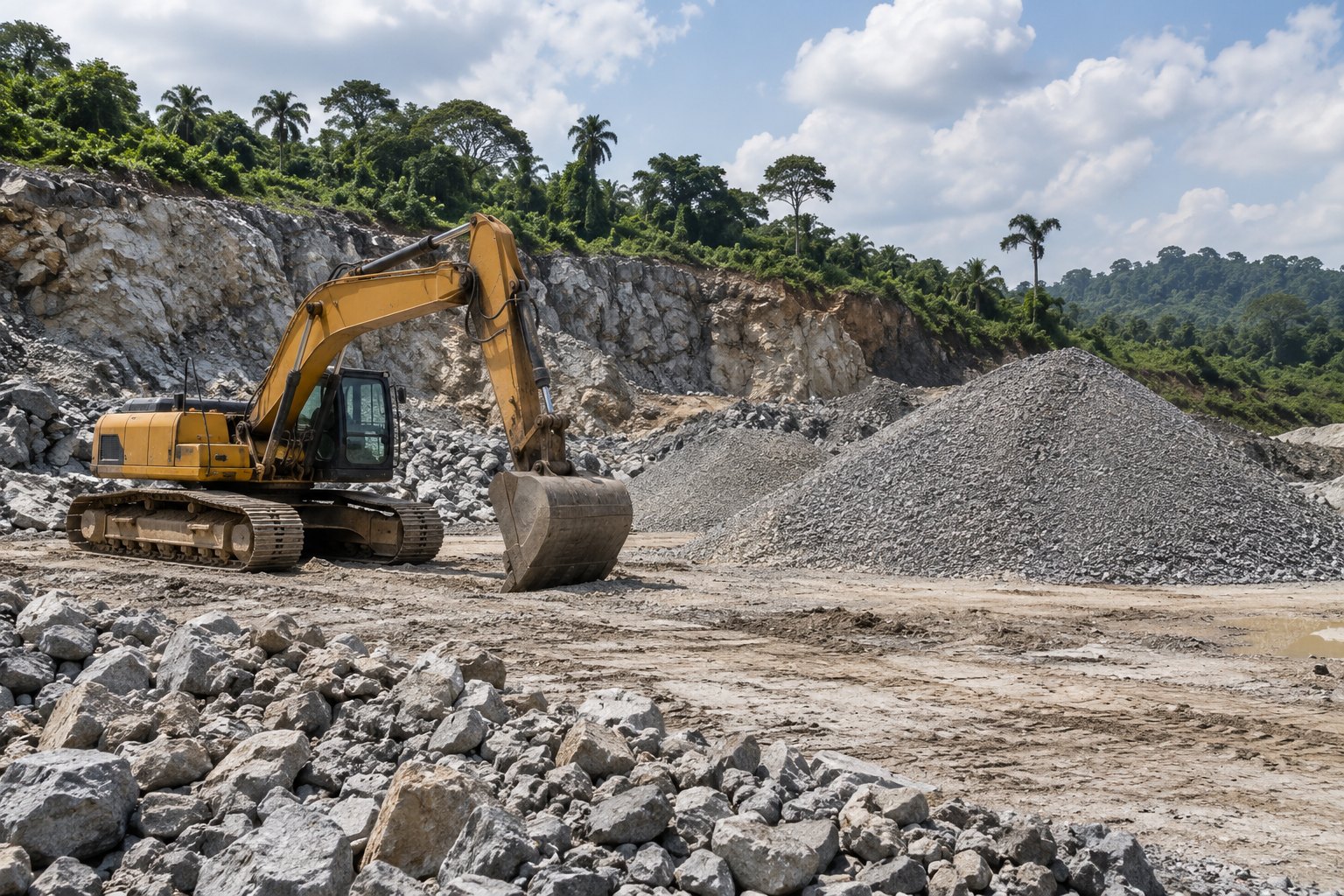 Excavator parked beside gravel stockpiles at a quarry with a green boundary